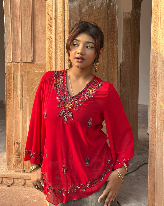 Embellished flared sleeve bohemian Kurti- Red