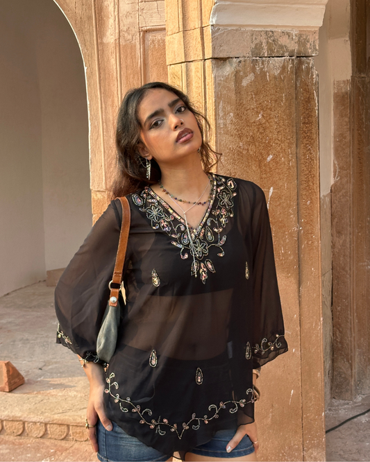 Nargis Embellished flared sleeve bohemian Top - Black