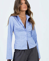 topwear,shirts,formal, semi-formal,minimal, streetwear,woven,polycotton,blue,stripes,regular fit,regular,straight hem,collared,flared sleeves,long sleeves,PINSTRIPES FLARED SLEEVES SHIRT,OY1021,24110028GG