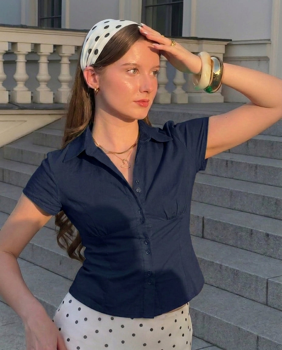 Navy Blue Waist Fitted Cotton Shirt