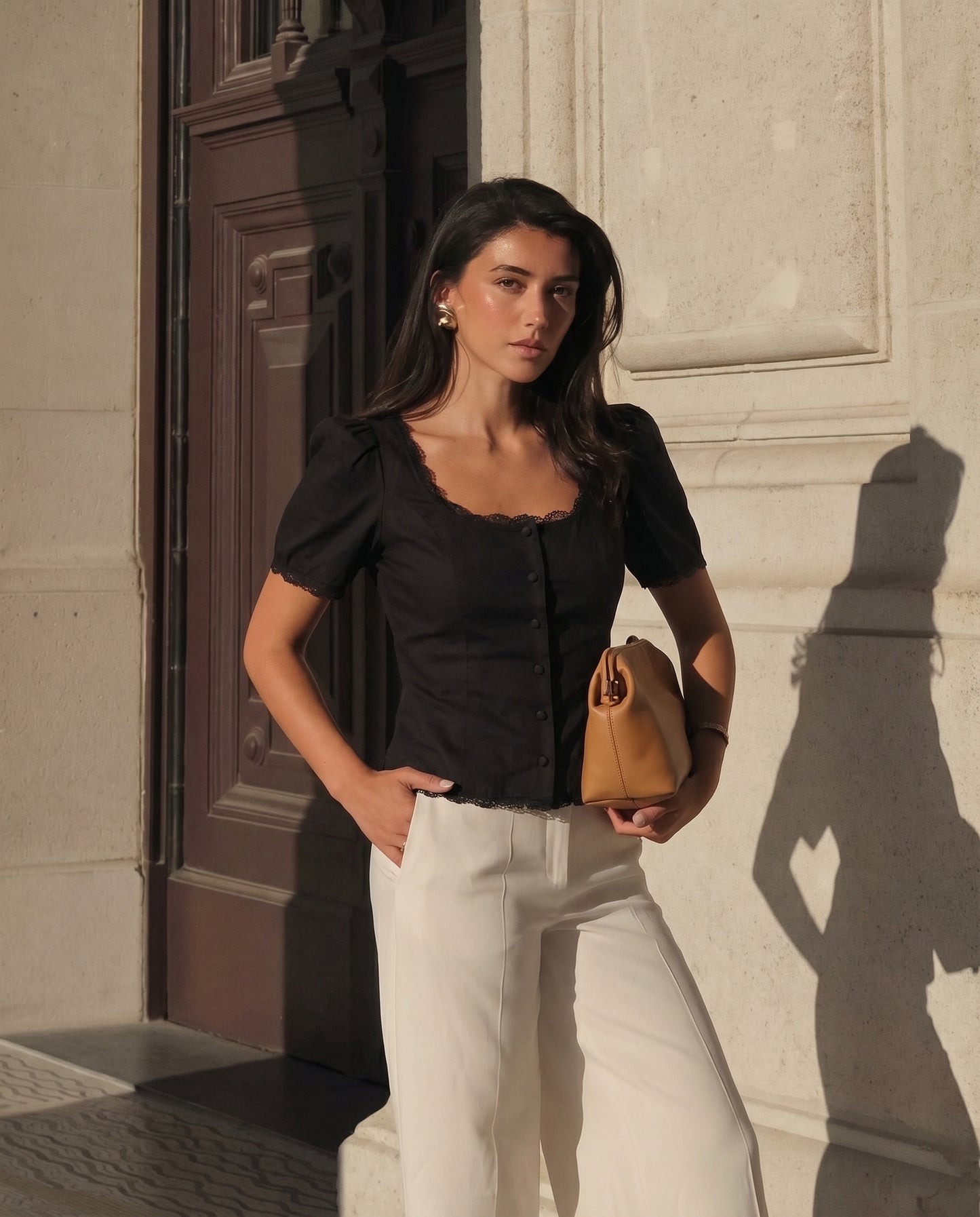 topwear,tops,casual, vacation, outdoor events,minimal, summer,woven,cotton,black,solid,lace,slim fit,fitted,waist length,scalloped hem,square neck,puff sleeves,short sleeves,OY1908, 25060008GG