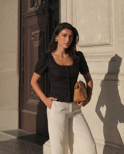 topwear,tops,casual, vacation, outdoor events,minimal, summer,woven,cotton,black,solid,lace,slim fit,fitted,waist length,scalloped hem,square neck,puff sleeves,short sleeves,OY1908, 25060008GG