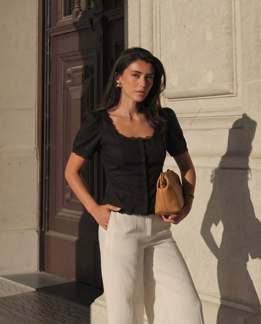 topwear,tops,casual, vacation, outdoor events,minimal, summer,woven,cotton,black,solid,lace,slim fit,fitted,waist length,scalloped hem,square neck,puff sleeves,short sleeves,OY1908, 25060008GG