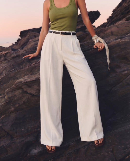 bottomwear,pants,semi-formal,business outfit,stretchable,polyester, spandex,white,pleated,tailored fit,wide leg,full length,high rise, 24090003GG, OY959