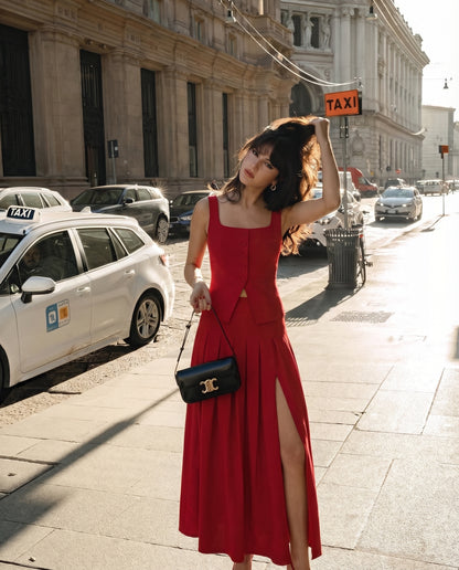 coord sets,bottomwear, topwear,casual, casual chic, outdoor events,bold, genz fit, sophisticated, summer, urban fit,woven,cotton twill,red,solid,panelling, pleated,button, zipper,tailored fit top,vest,waist length top,slit hem,square neck,shoulder strap,no sleeves,sleeveless,button down top,skirts,pleated skirt,midi skirt,slit hem,mid rise waist,no pockets
OY3047,	25070019GG