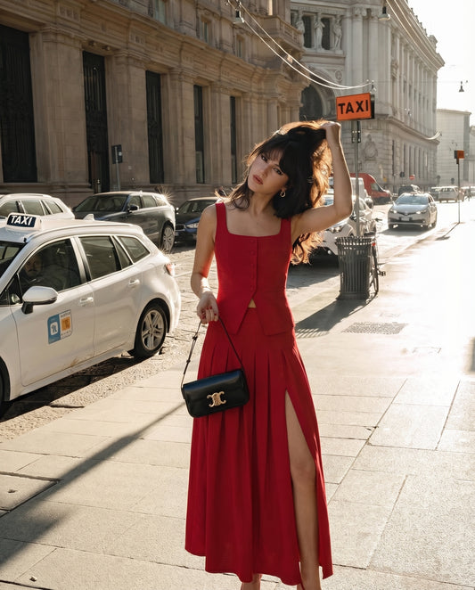 coord sets,bottomwear, topwear,casual, casual chic, outdoor events,bold, genz fit, sophisticated, summer, urban fit,woven,cotton twill,red,solid,panelling, pleated,button, zipper,tailored fit top,vest,waist length top,slit hem,square neck,shoulder strap,no sleeves,sleeveless,button down top,skirts,pleated skirt,midi skirt,slit hem,mid rise waist,no pockets
OY3047,	25070019GG