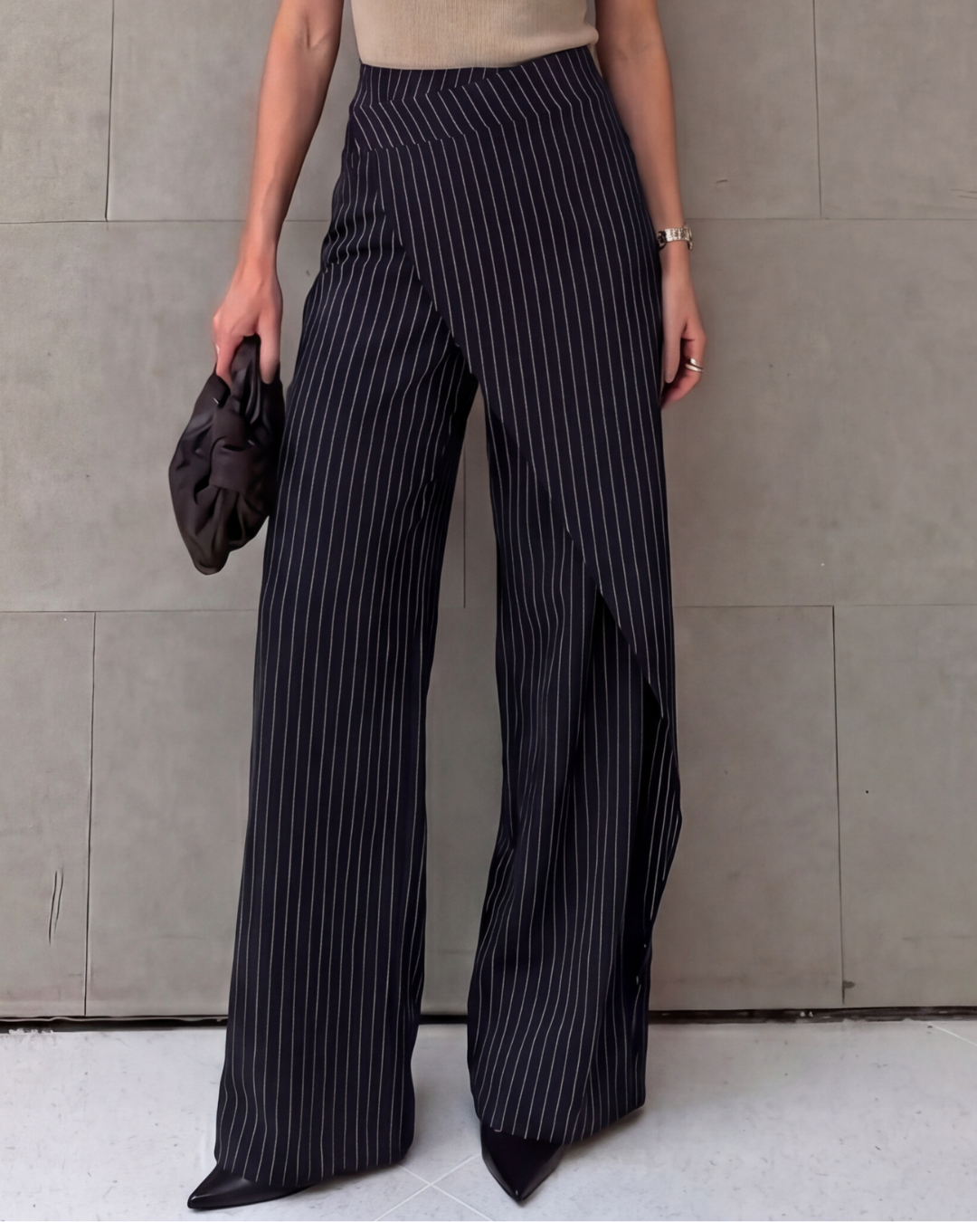 Asymmetric Wrap Pinstripe Wide-Leg Trousers