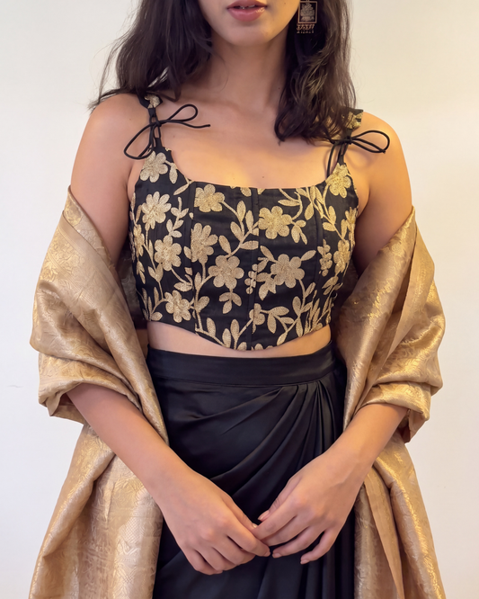 Black Floral Embroidered Corset Top