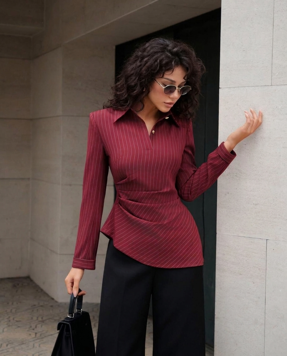 Pinstripe Asymmetric Hem Shirt-Red
