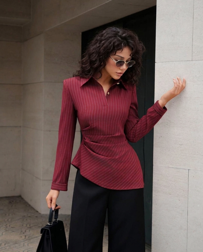 Pinstripe Asymmetric Hem Shirt-Red