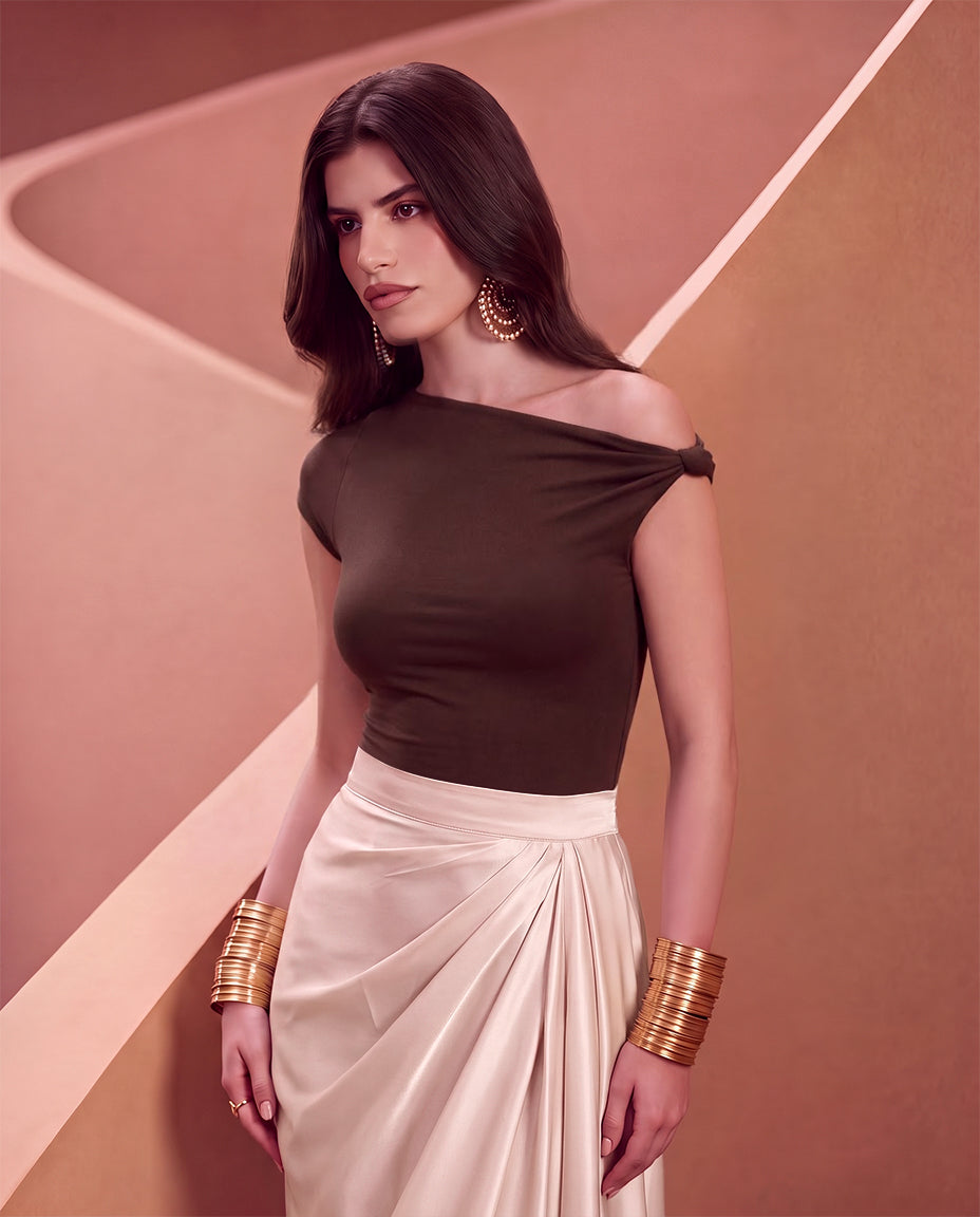 Asymmetric Offshoulder Top - Brown