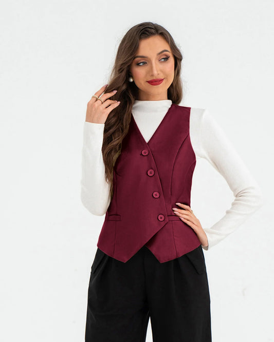 topwear,tops,formal, semi-formal,creative workwear, minimal, summer,stretchable,polyester, spandex,maroon,solid,oblique placket,regular fit,waist coat,regular length,slit hem,v-neck,sleeveless	25010060GG,OY1703