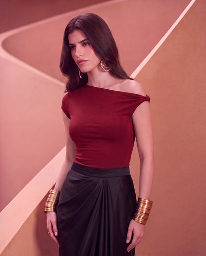 Asymmetric Offshoulder Top - Burgundy