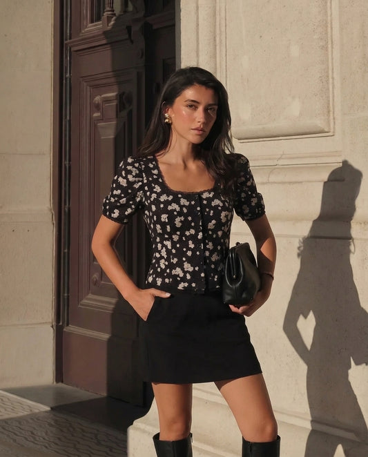 Black Florals Lace-Trim Fitted Button-Up Top