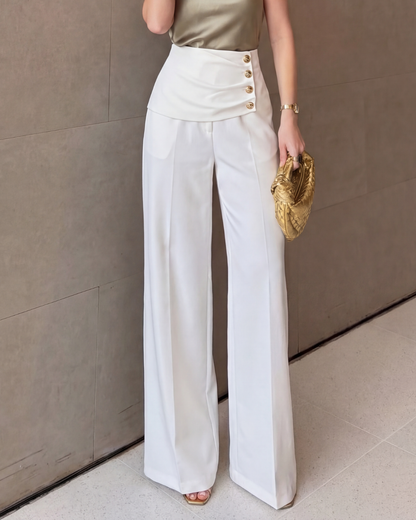 Chic Draped Waist Wide Leg Trousers-White