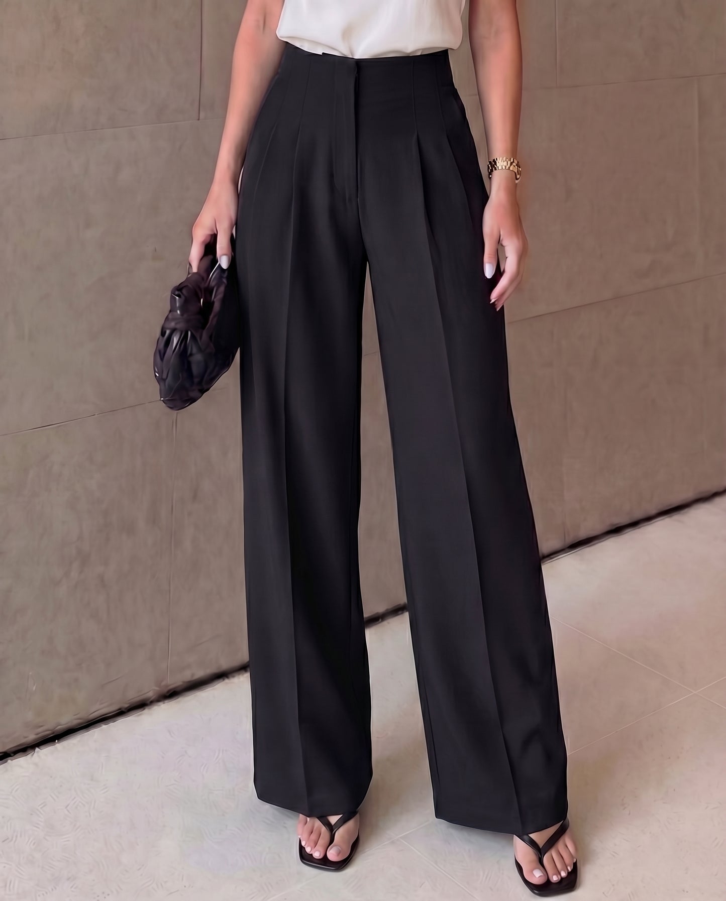 bottomwear,trousers,semi-formal,workwear,stretchable,polyester, spandex,black,pleated,relaxed fit,wide leg,full length,high rise, 24090016GG, OY963