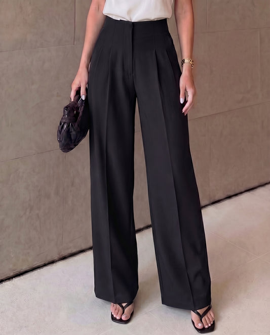 bottomwear,trousers,semi-formal,workwear,stretchable,polyester, spandex,black,pleated,relaxed fit,wide leg,full length,high rise, 24090016GG, OY963