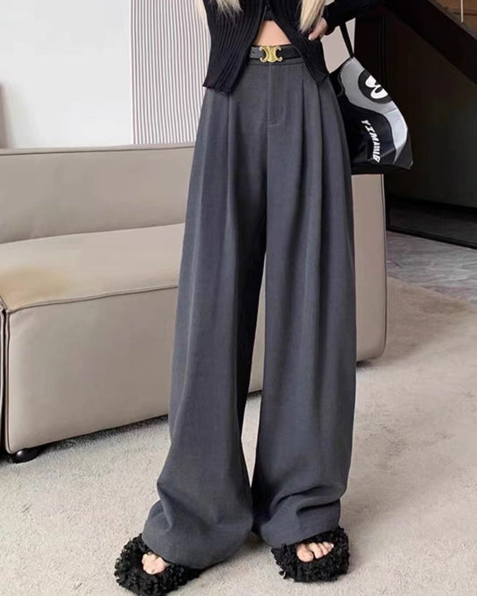 PLEATED STRAIGHT PANTS,bottomwear, full length, grey, high rise, pants, pleated, polyester, relaxed fit, semi-formal, streetwear, summer, wide leg, woven,pleated_straight_pants_grey,Color- GreyFabric- Polyester Type- Wide LegFit- Relaxed Fit Length- Full Length(41in)Waist- High RiseClosure- Zip &amp; ButtonNo. of Pockets- 2Print- SolidDetail- Pleated*Available with belt