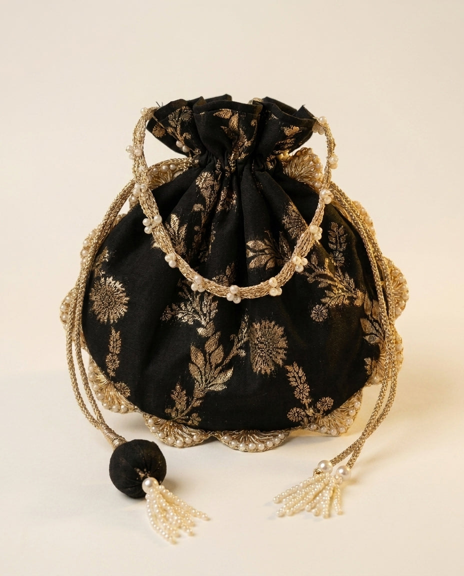 Black Brocade Potli Bag with Gold Tassel