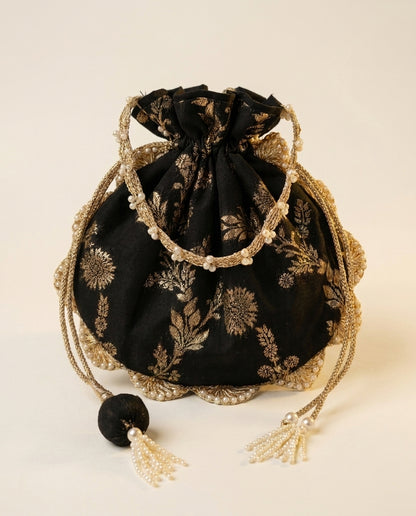 Black Brocade Potli Bag with Gold Tassel