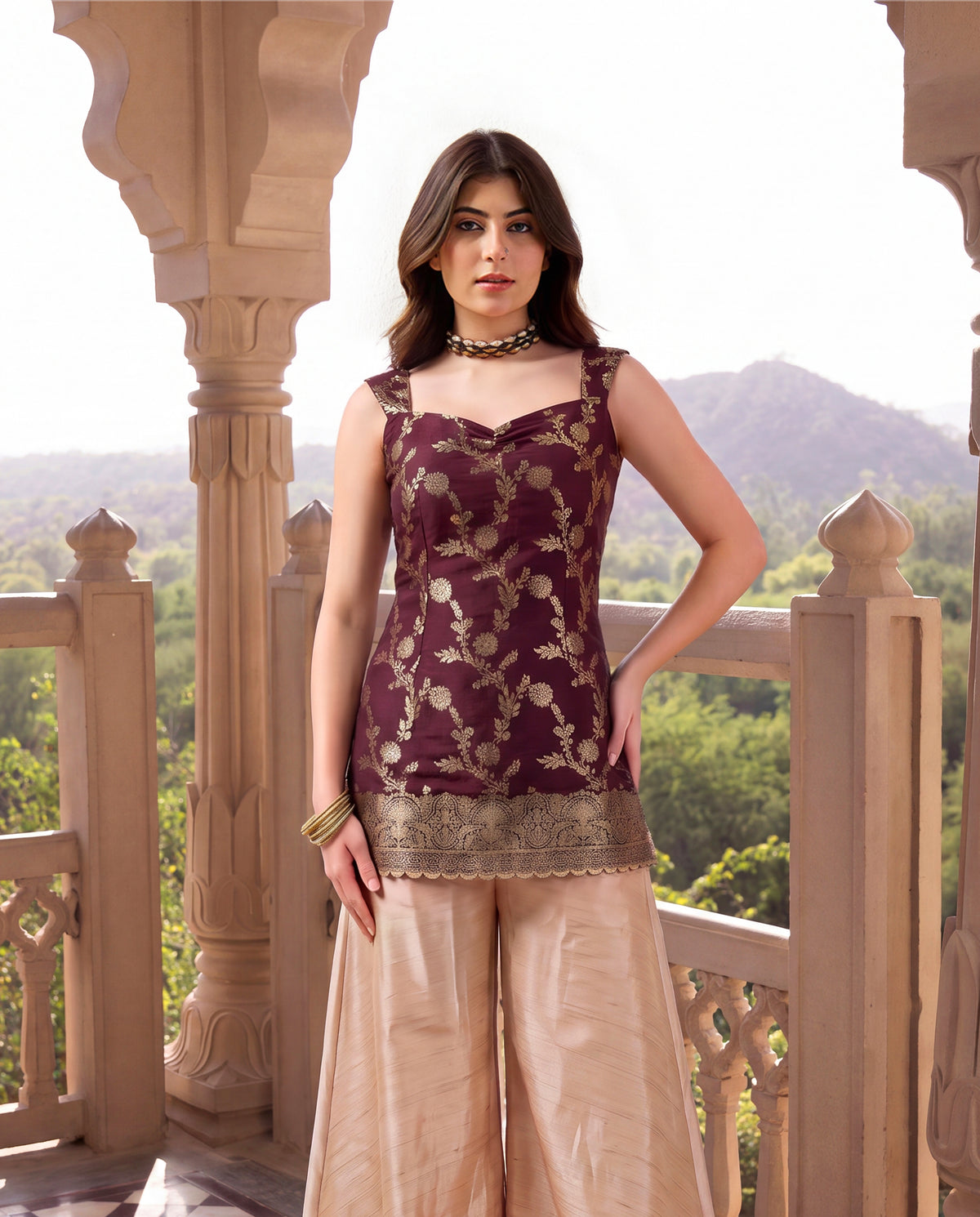 Burgundy & Gold Floral Brocade Sweetheart Neck Kurti