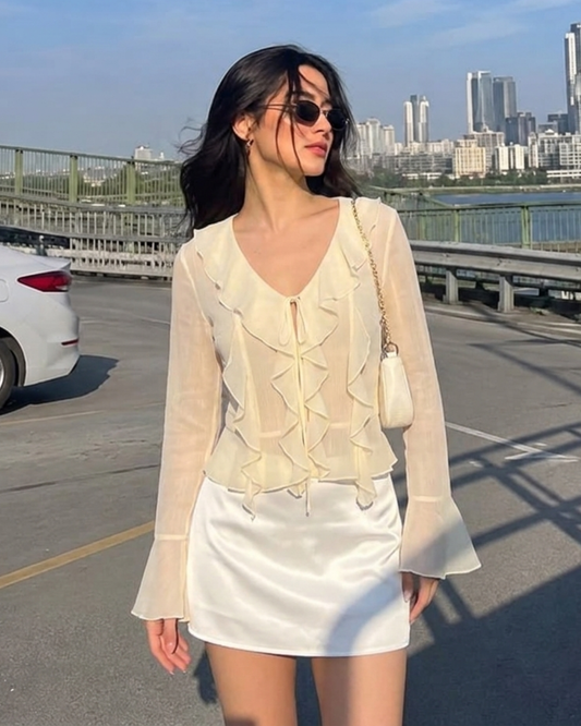 Ruffled Tie Front Flared Sleeve Top - Ivory
