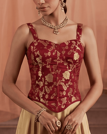 Red Wine Opulence Brocade Corset Top