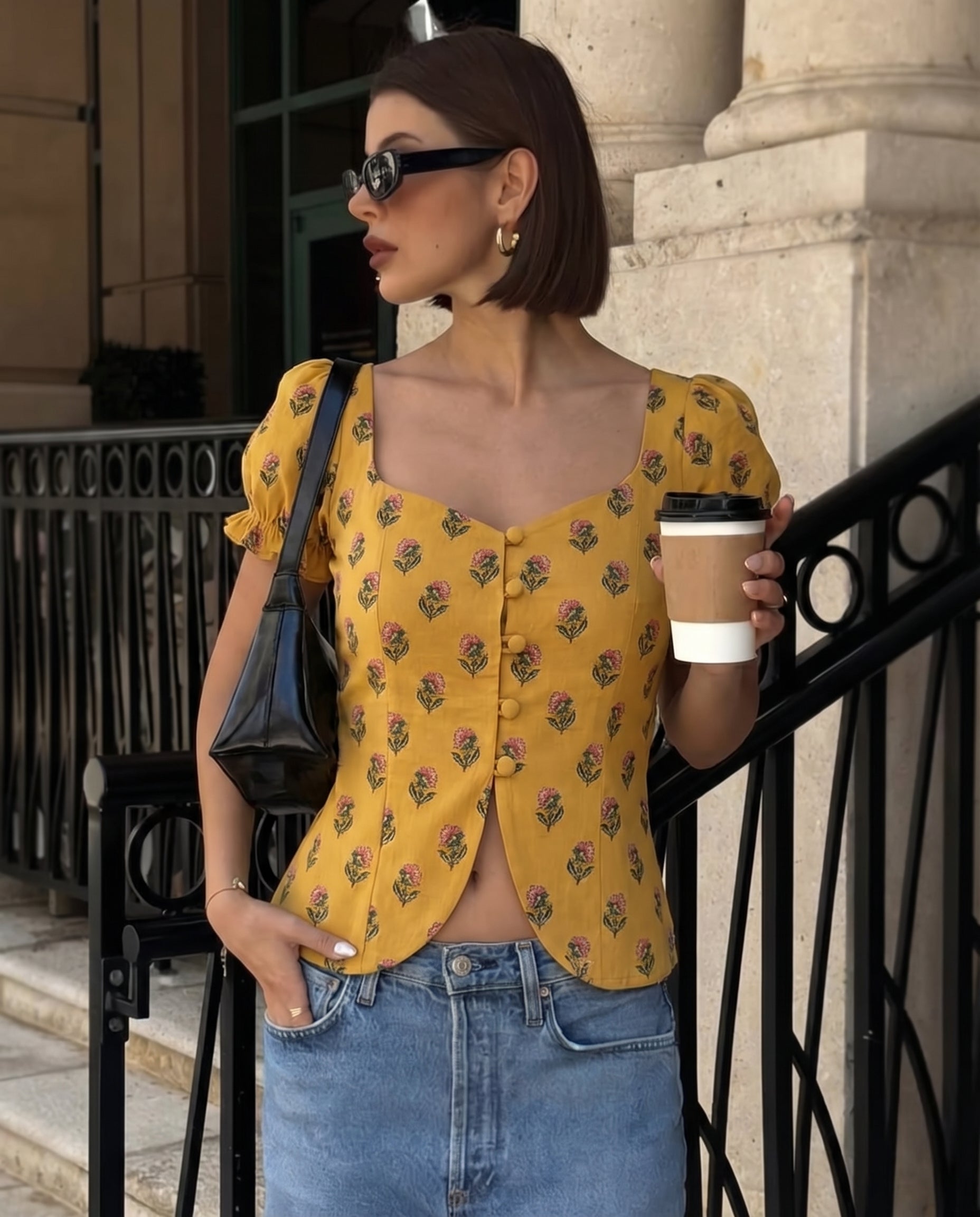 topwear,tops,ethnic, indo-western,ethnic wear, festive wear, indian wear, summer, casual,woven,poly cambric,printed,mustard yellow,floral print,slit in front,button ,skinny fit,slim fit top,waist length,curved hem,diamond neck,no straps,puff sleeves,short sleeves	OY2099, 25070053GG