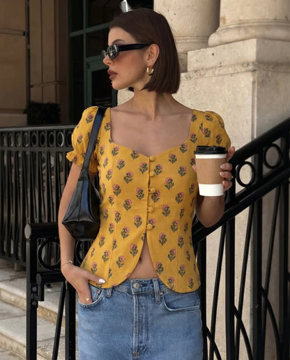topwear,tops,ethnic, indo-western,ethnic wear, festive wear, indian wear, summer, casual,woven,poly cambric,printed,mustard yellow,floral print,slit in front,button ,skinny fit,slim fit top,waist length,curved hem,diamond neck,no straps,puff sleeves,short sleeves	OY2099, 25070053GG