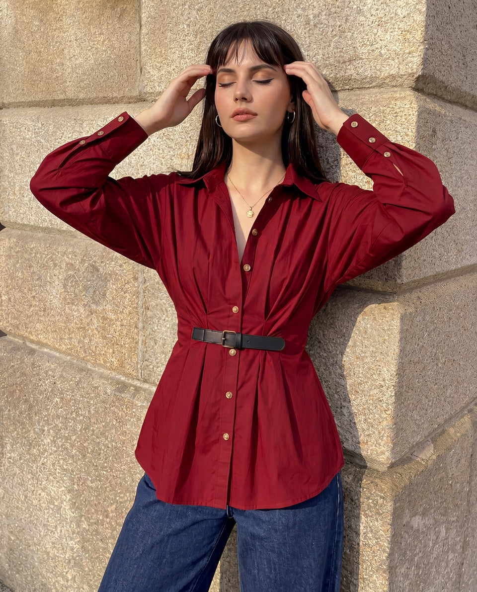 Cherry Red Button Down Belted Shirt