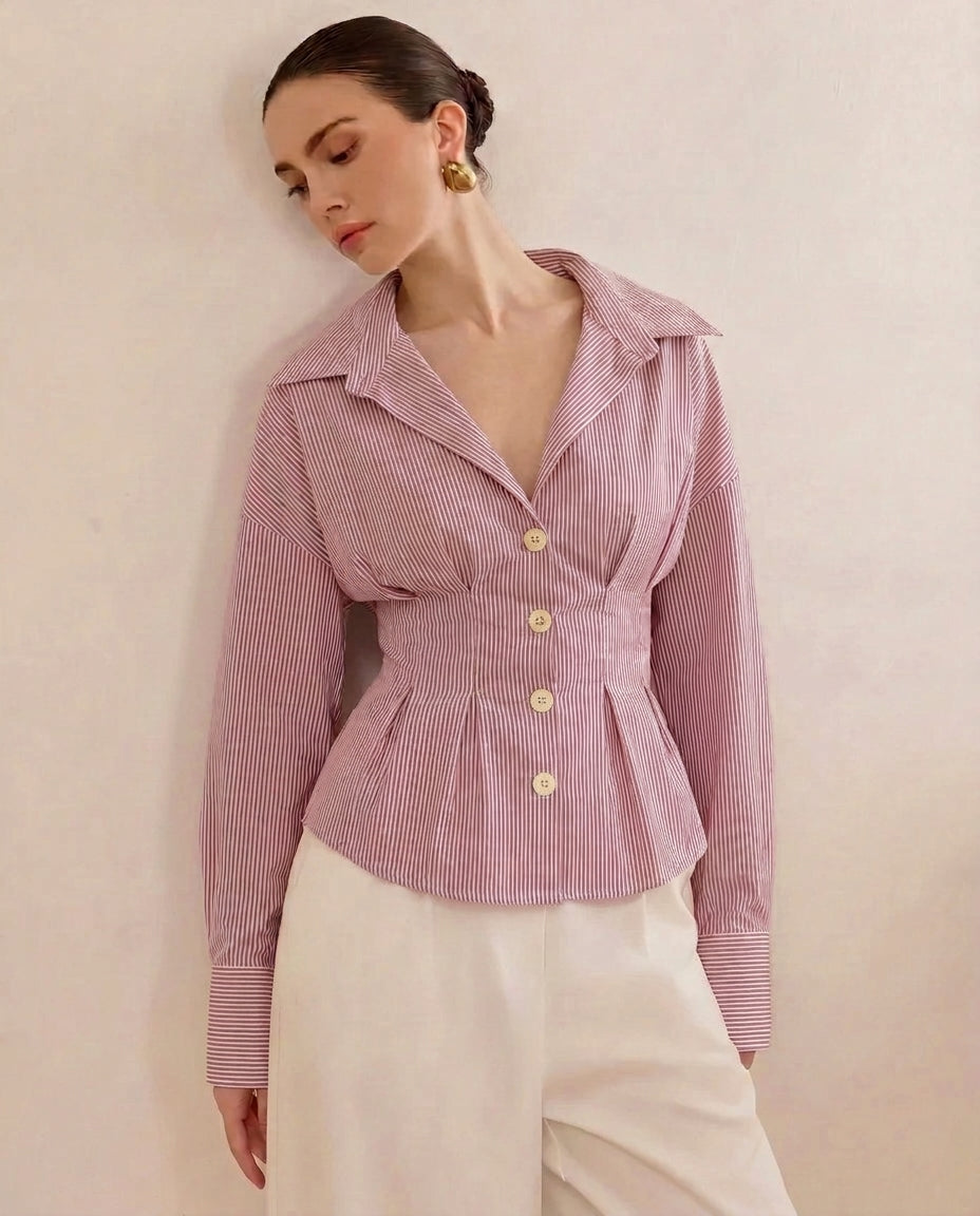 Burgundy Stripe Shirt With Cinched Waist