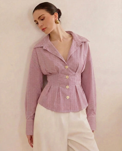 Burgundy Stripe Shirt With Cinched Waist