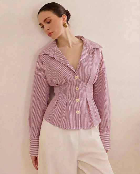 Burgundy Stripe Shirt With Cinched Waist