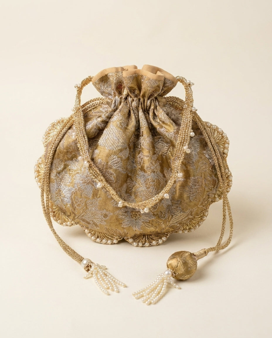 Gold Brocade Potli Bag with Gold Tassel