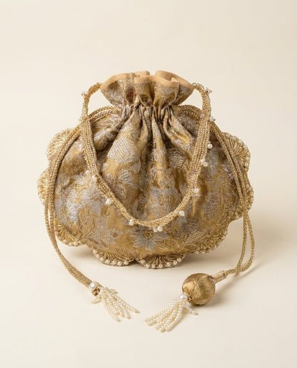 Gold Brocade Potli Bag with Gold Tassel