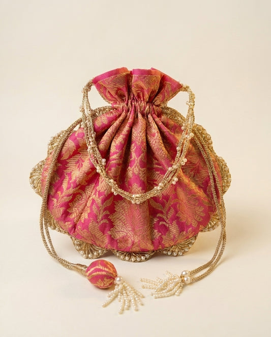 Pink Brocade Potli Bag with Gold Tassel