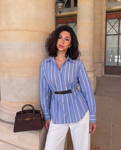 Button Down Belted Shirt -Blue Stripe