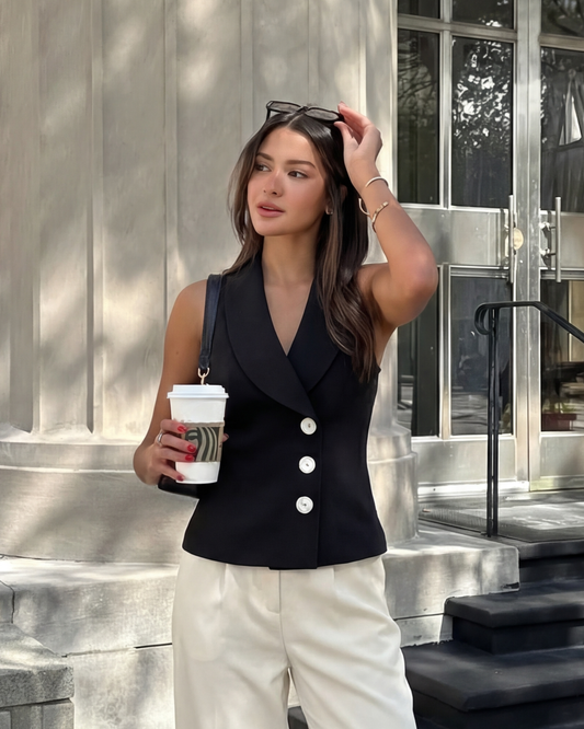 topwear,tops,formal, semi-formal, outdoor events,creative workwear, sophisticated, summer,stretchable,polyester, spandex,black,solid,regular fit,waist coat,waist length,scoop neck,sleeveless,25010062GG, OY1706