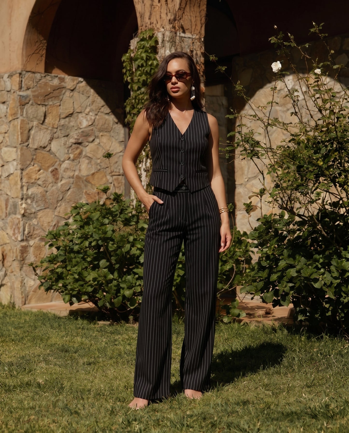 Pinstripe Vest and Wide-Leg Trousers Suit Set
