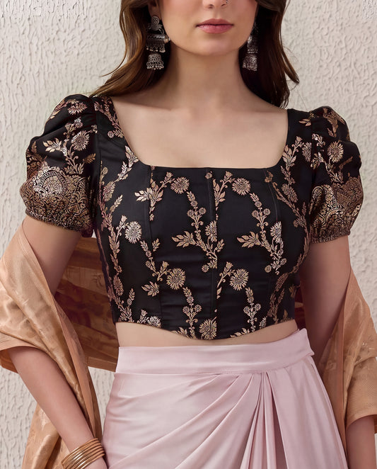 Black Puff Sleeves Brocade Corset Top