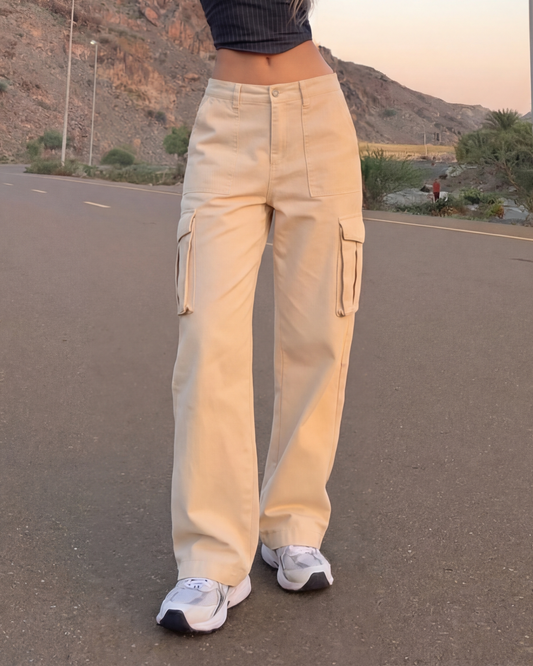 Cream Wide Leg Adjustable Cargo