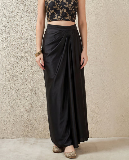 Satin Silk Draped Skirt - Black