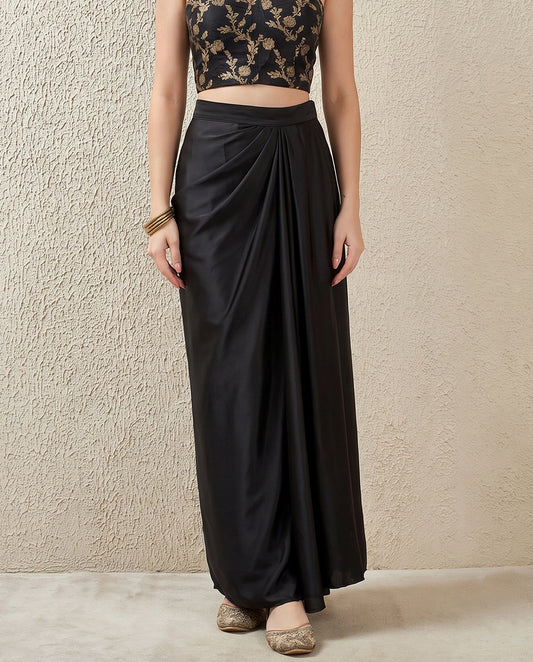 Satin Silk Draped Skirt - Black