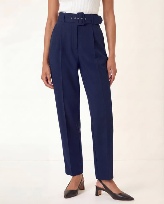 Belted Tapered Pants With Belt - Dark Blue