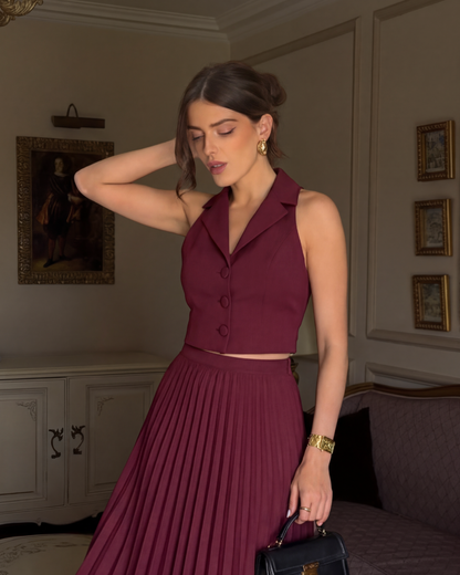 Maroon Pleated Skirt and Top Co-Ord Set