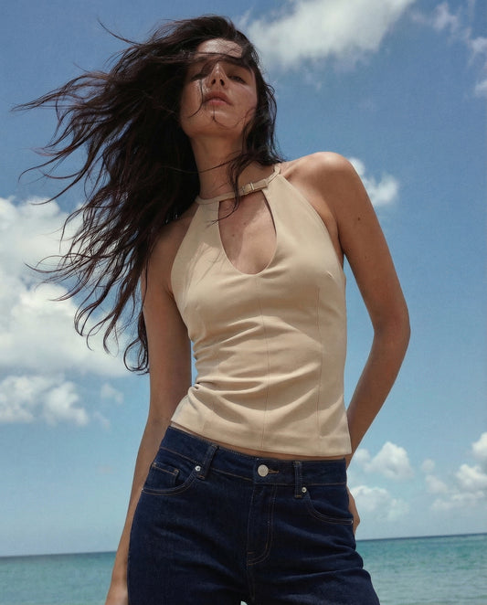 HALTER TOP,beige, belt, buckle, casual, cutout, elastane, fitted, halter neck, knitted, polyester, regular, sleeveless, stretchable, tailored fit, tops, topwear,halter-top-beige,Color- Beige
Fabric- Poly Spandex
Type- Fitted
Fit- Skinny Top
Length- Regular
Neck- Halter
Sleeves- Sleeveless
Trims- Buckle
Details- Cut Out Details with a tab on the chest