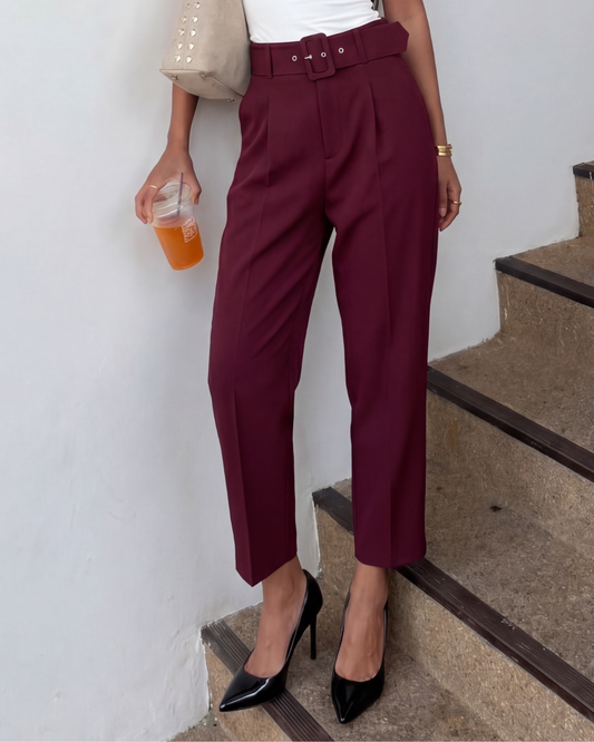 bottomwear,pants,formal, semi-formal,business outfit, urban fit, workwear,woven,polyester, spandex,maroon,pleated,belt,tailored fit,tapered,full lengthhig, h rise	25010046GG, OY942