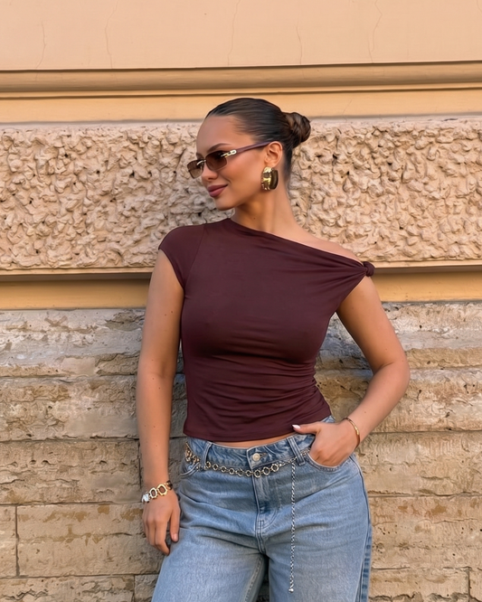 knot-up-shoulder-fitted-top-in-brown-brown-oy1516,25010016GG52,topwear,tops,outdoor events,bold, minimal, streetwear,knitted,ribbed,brown,solid,slim fit,fitted,regular,one shoulder,one shoulder,Color: Brown
Fabric: Ribbed
Fit: Slim Fit 
Length: Regular
Neck: Off Shoulder
Sleeves: One Shoulder
Print: Solid,KNOT UP SHOULDER FITTED TOP IN BROWN