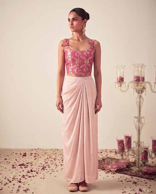 Light Pink Brocade Top and Satin Skirt Set