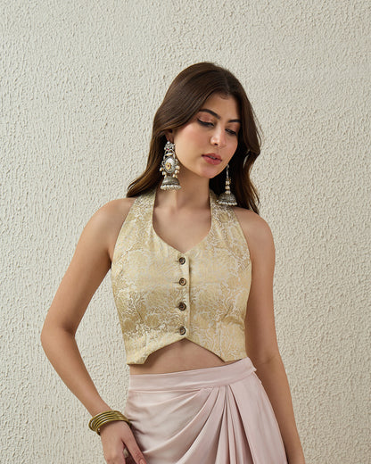 topwear,tops,ethnic, indo-western,ethnic wear, festive wear, indian wear, summer,woven,brocade,banarasi brocade,ivory,floral pattern,textured,snap button,skinny fit,corset,crop,curved hem,square neck,shoulder strap,no sleeves,sleeveless, OY3012 ivory, 25070036GG